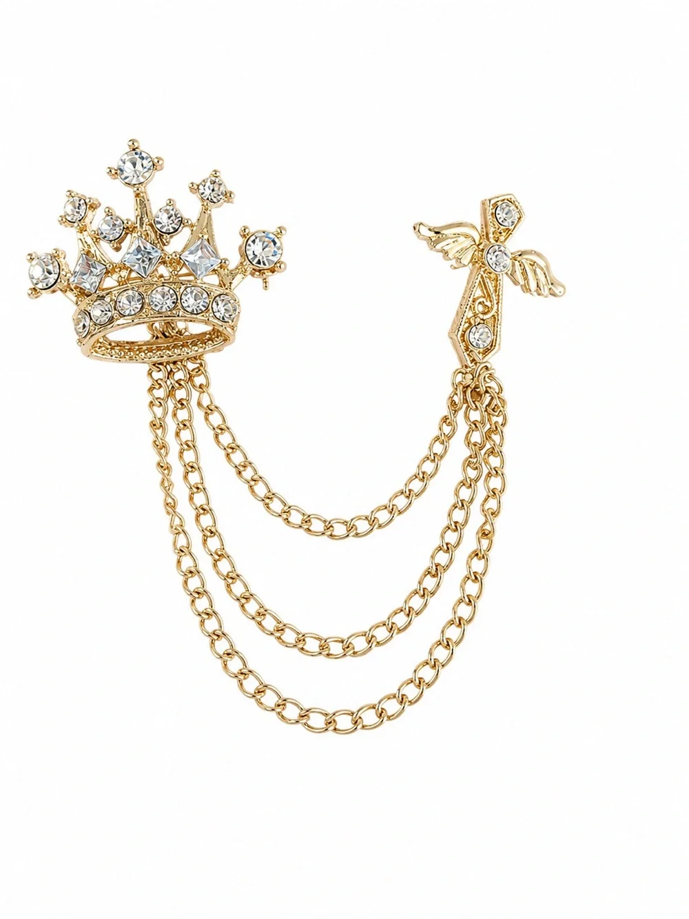 New Gold Tone Crown & Wing Double Pin Brooch Rhinestone Chain Lapel Fashion